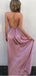 A-Line V-Neck Criss-Cross Back Blush Elastic Satin Prom Dresses with Split, TYP1284