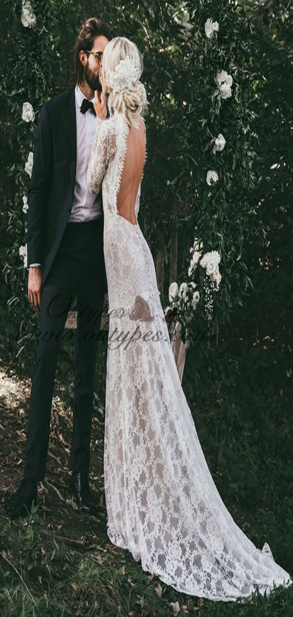 Mermaid High Neck Backless Long Sleeves Lace Beach Wedding Dresses, TY – Oktypes