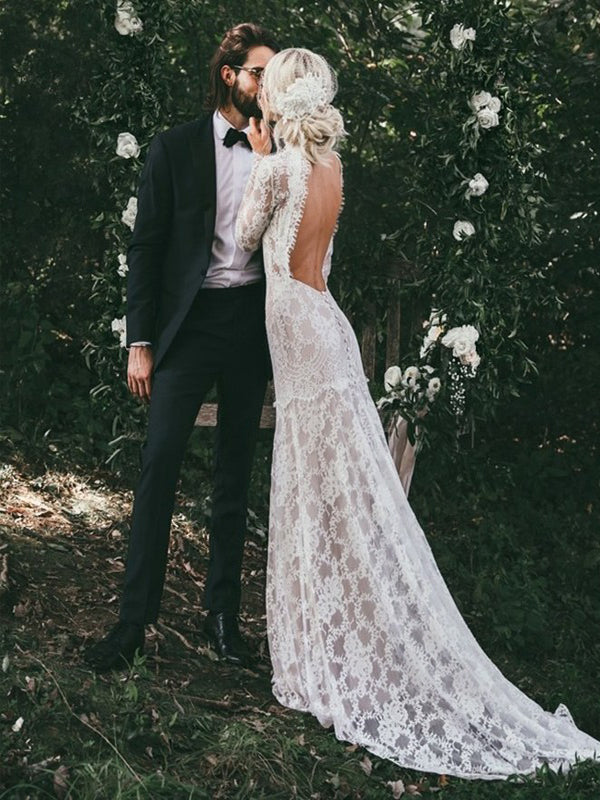 Mermaid High Neck Backless Long Sleeves Lace Beach Wedding Dresses, TY Oktypes Mermaid High Neck Backless Long Sleeves Lace Beach Wedding Dresses, TY Oktypes