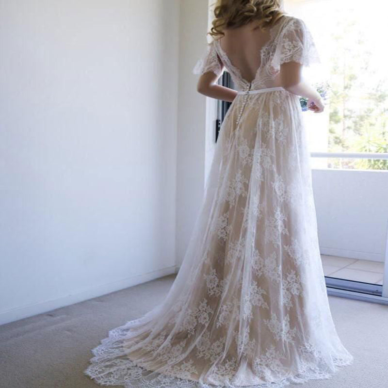 Short Sleeve V-Neck Sweep Train Lace Boho Wedding Dresses Online, TYP0996