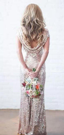 Sparkly Champagne Sequin Short Sleeves Backelss Mermaid Long Cheap Bridesmaid Dresses, BDS0057