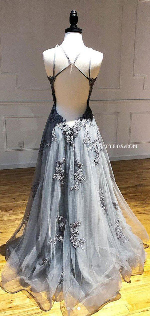 Elegant Halter Sleeveless Grey Organza Lace Appliqued A-line Long Cheap Backless Prom Dresses, PDS0081