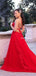 Charming Red Spaghetti Strap Lace Tulle Backless Side Slit A-line Long Cheap Prom Dresses, PDS0082