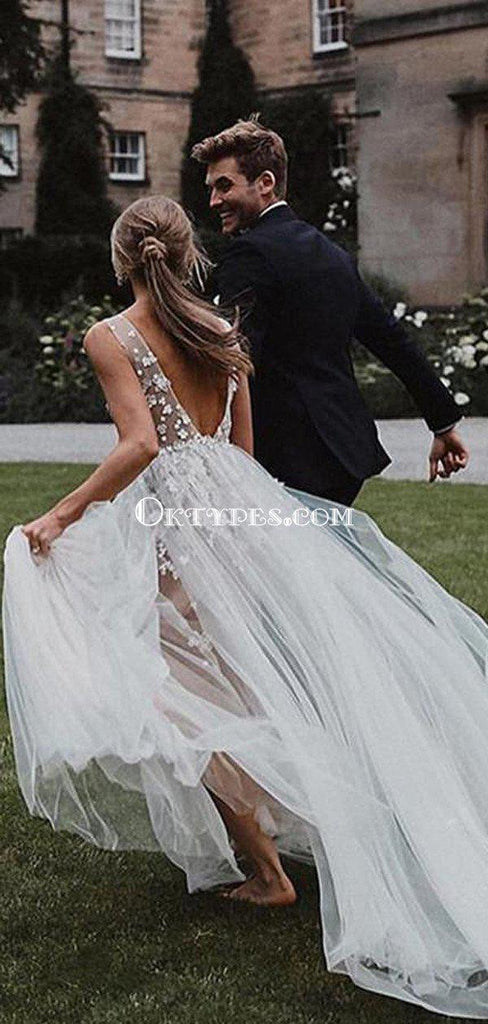 Charming V-neck Lace Appliqued Tulle A-line Long Cheap Wedding Dresses, WDS0044