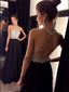 Long Halter Sleeveless Beaded Open Back Black Chiffon Prom Dresses Online, TYP1129
