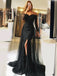 Mermaid Off Shoulder Detachable Train Black Tulle Prom Dresses with Beading&Lace, TYP1259