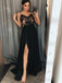 A-Line Spaghetti Straps Floor-Length Black Prom Dresses with Lace Split Online, TYP1166
