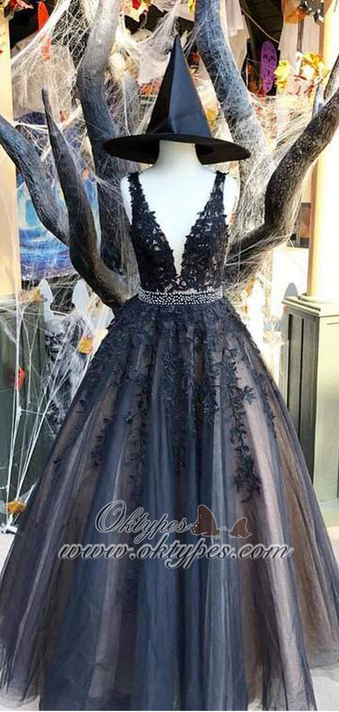 Black Tulle Lace Applique A-line V-neck Long Prom Dresses, TYP1448