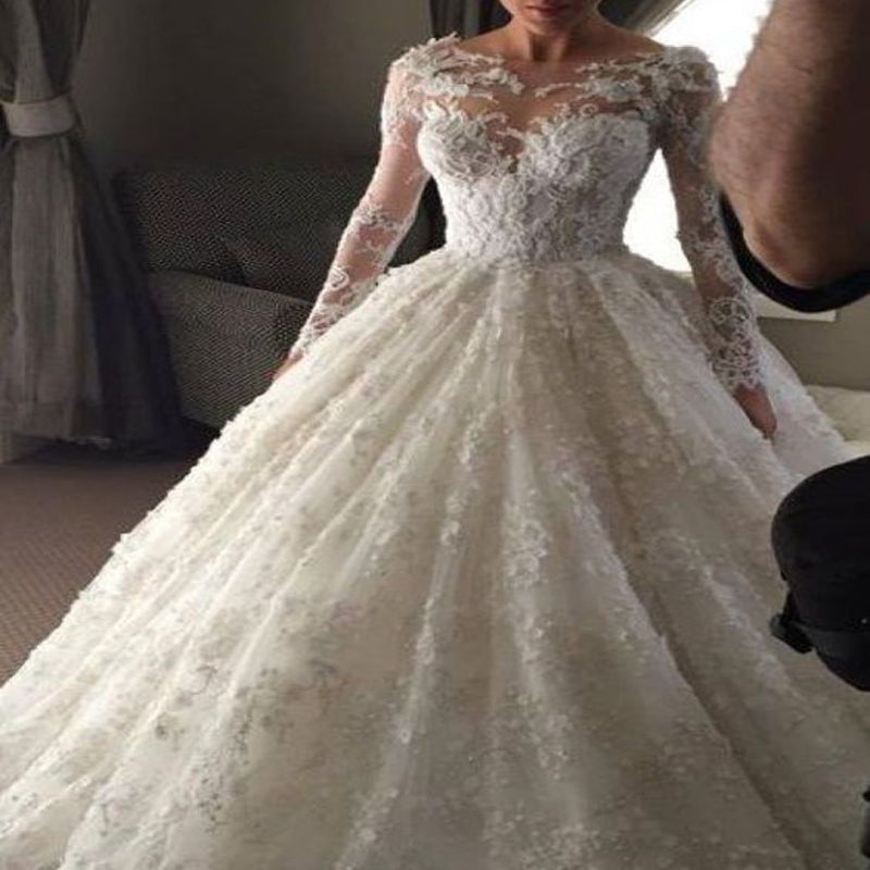 Elegant Ball Gown Lace Long Wedding Dress with Long Illusion Sleeves, TYP1079