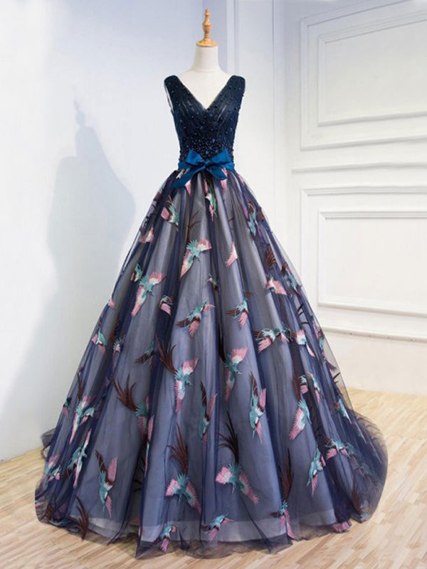 Ball Gown Navy Blue Lace-Up Tulle Prom Dresses with Beading&Appliques, TYP1268