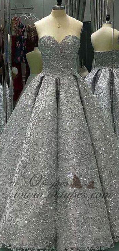 Chic Silver Sequin Ball Gown Long Prom Evening Dresses, TYP1469