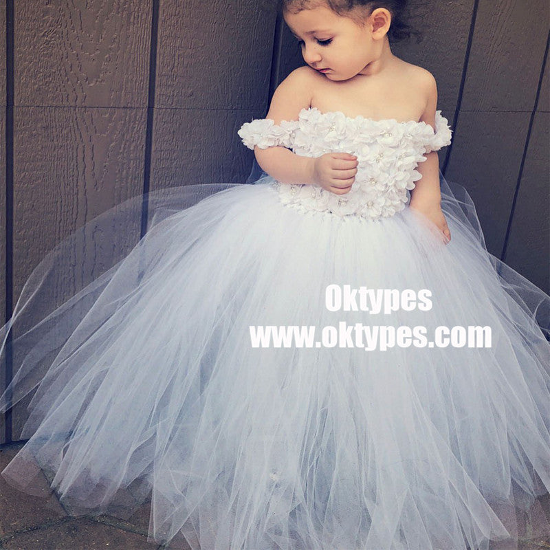 A-Line Off-the-Shoulder White Tulle Flower Girl Dress with Flowers, TYP0930