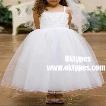 Ball Gown Straps Ankle Length White Flower Girl Dress with Lace, TYP0928