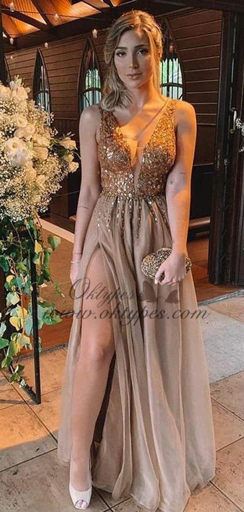 Sparkly V-neck Champagne Long Tulle Slit Prom Dresses with Beaded, TYP1605