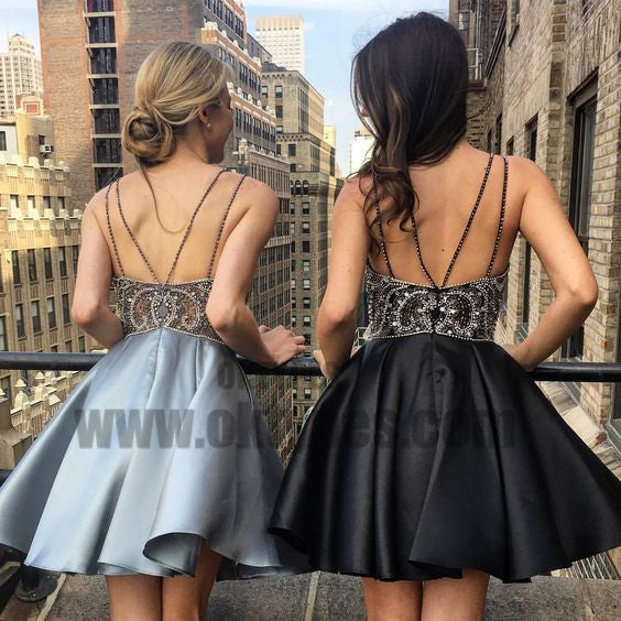 A-Line Spaghetti Straps Short Grey Homecoming Dresses with Beading, TYP0715