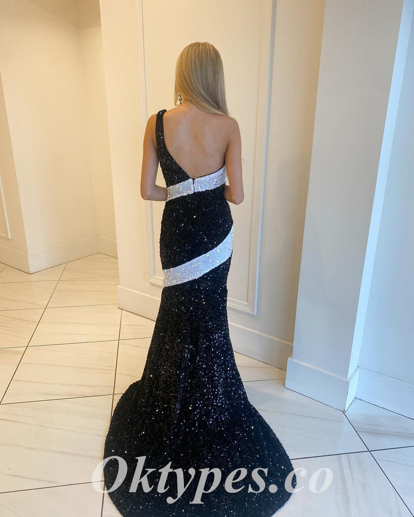 Sexy Black And White Sequin One Shoulder Sleeveless Mermaid Long Prom Dresses,PDS0818