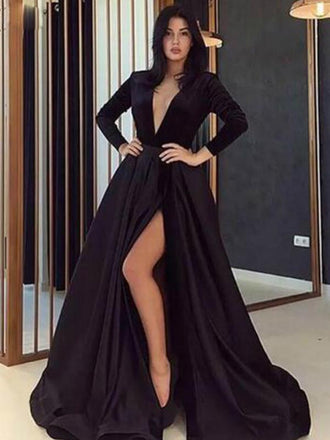 Long Sleeves Black Velvet Top A-line Satin Side Slit Prom Dresses, TYP1584
