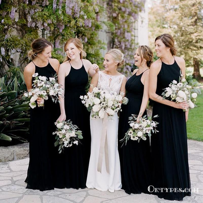 Black Halter Long Cheap Chiffon Wedding Party Bridesmaid Dresses, TYP1774