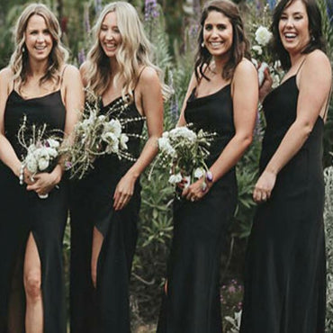 Sheath Spaghetti Straps Black Chiffon Bridesmaid Dresses with Split, TYP1315