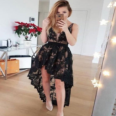 Unique V-Neck High Low Black Lace Homecoming Dresses with Beading, TYP1061
