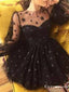 A-Line Crew Long Sleeves Short Black Homecoming Dresses with Beading, TYP1968