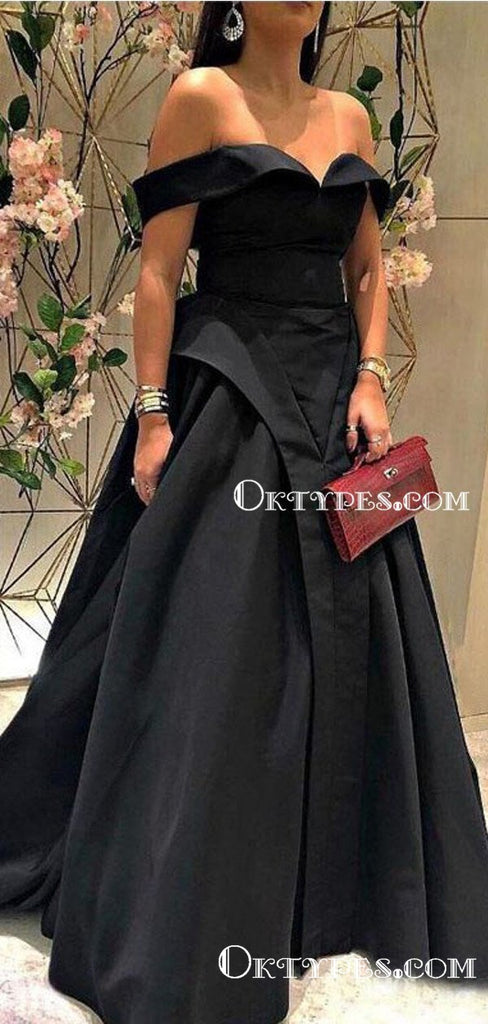 Off-The-Shoulder Charming Newest Black Satin A-line Long Cheap Evening Party Prom Dresses, PDS0025