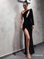 One Shoulder Black Long Sleeves Formal Dresses Prom Dresses with Split, TYP1909