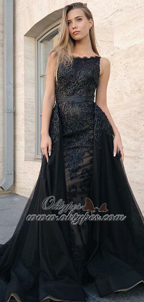 Mermaid Black Chiffon Sleeveless Prom Dress with Detachable Train Appliques, TYP1496