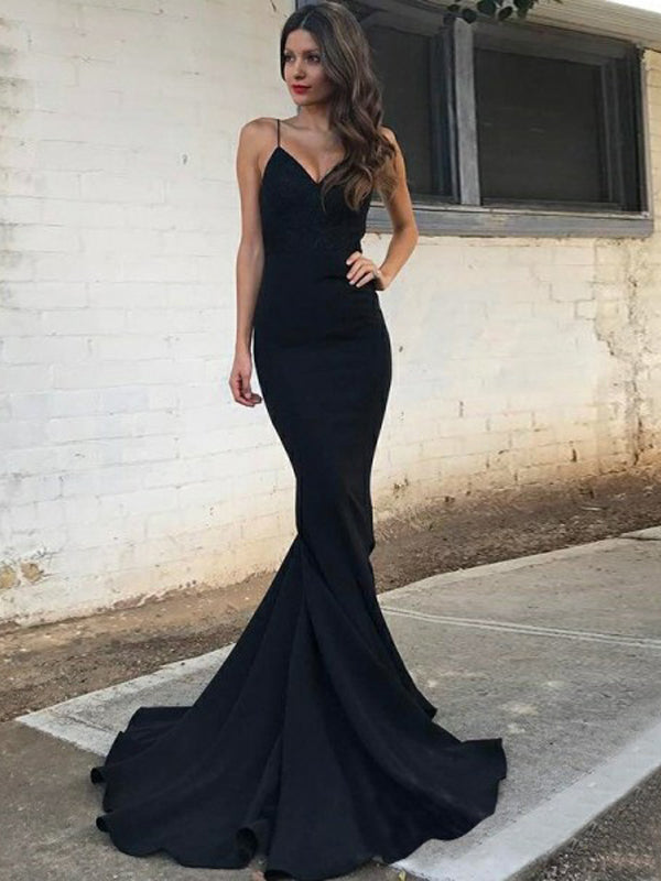Mermaid Spaghetti Straps Long Cheap Black Stretch Satin Prom Dresses, TYP1260