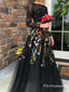 Two Piece Black Tulle Long Sleeves With Appliques Lace Prom Dresses, TYP1744