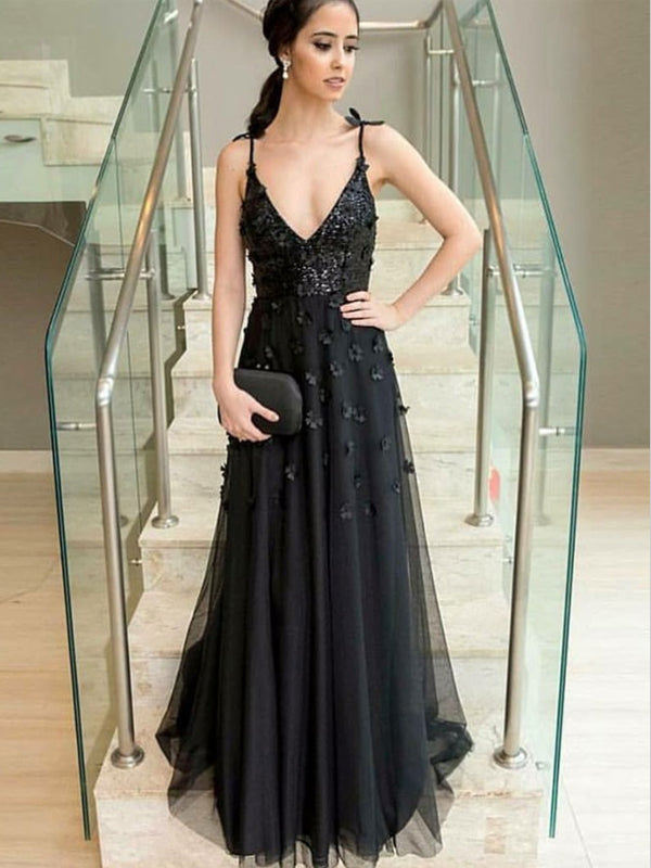 A-Line V-Neck Long Cheap Black Evening Prom Dresses with Appliques&Sequins, TYP1293