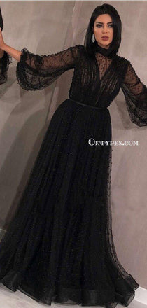 New Arrival Black High Neck Long Sleeves A-line Black Tulle Long Cheap Prom Dresses With Beaded, PDS0068
