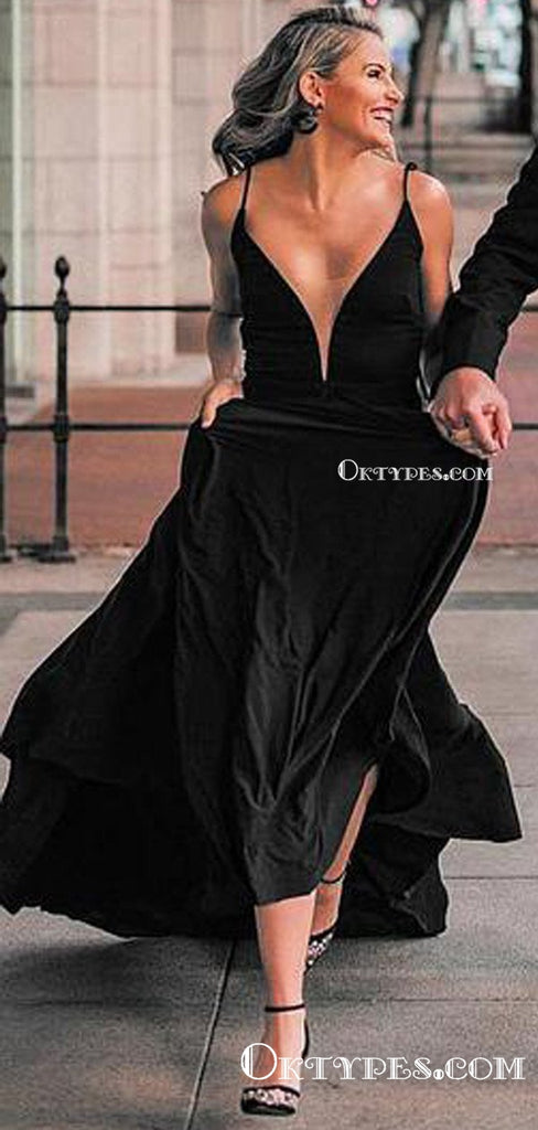 Charming Elegant Sexy V-neck Black Jersey Spaghetti Straps Long Cheap A-line Evening Prom Dresses, PDS0045