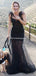 Elegant Straps Black Mermaid Organza Long Cheap Prom Dresses, BDS0089