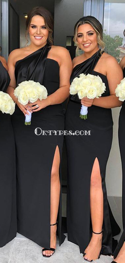 One Shoulder Black Mermaid Side Slit Long Cheap Bridesmaid Dresses, BDS0090