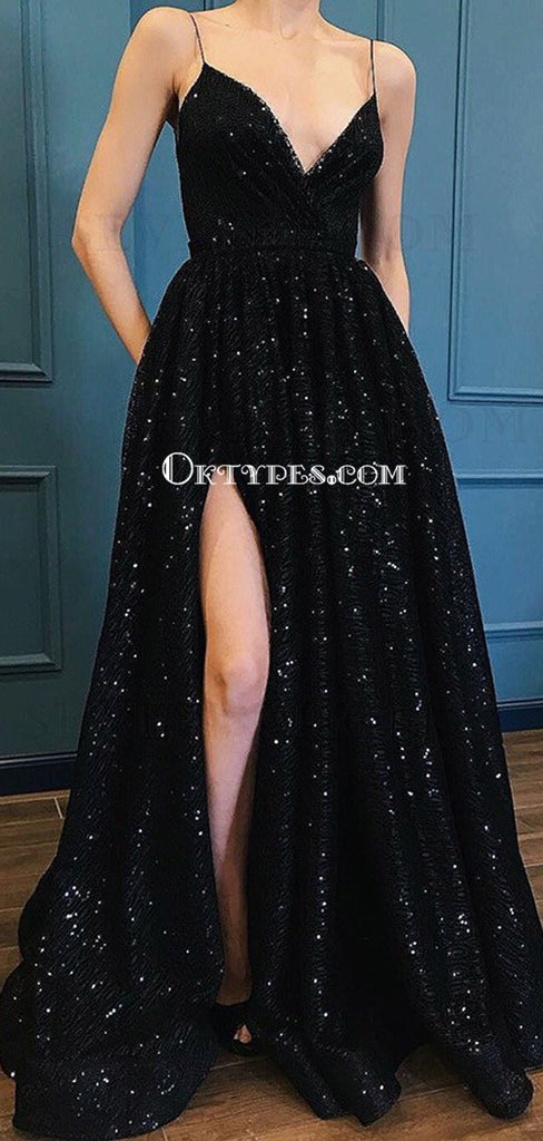 Sexy Side Slit Black Lace Long Evening Prom Dresses, Cheap Custom Party Prom Dresses, PDS0091