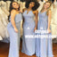 Sheath Jewel Sweep Train Blue Chiffon Bridesmaid Dress with Keyhole, TYP0853