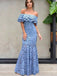 Mermaid Off-the-Shoulder Blue Lace Prom Dresses with Ruffles, TYP1310