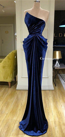 Navy blue Strapless Sleeveless Simple Charming Velvet Long Cheap Mermiad Formal Evening Prom Dresses, PDS0069