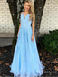 Elegant V Neck Blue Tulle Long Cheap Prom Dresses With Appliques, TYP1820