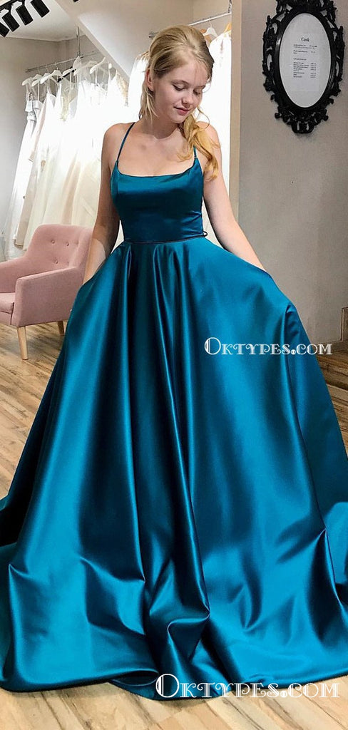 Newest A-Line Chic Scoop Criss Cross Straps Long Simple Long Cheap Satin Prom Dresses with Pockets, PDS0031