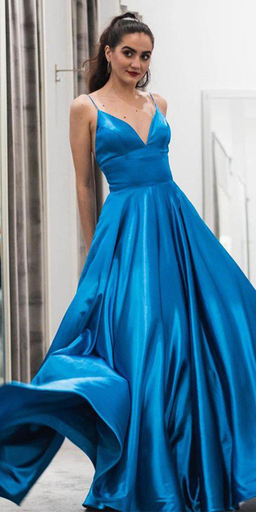 Simple Spaghetti Straps V-neck Blue Elastic Silk A-line Long Cheap Formal Prom Dresses, PDS0060