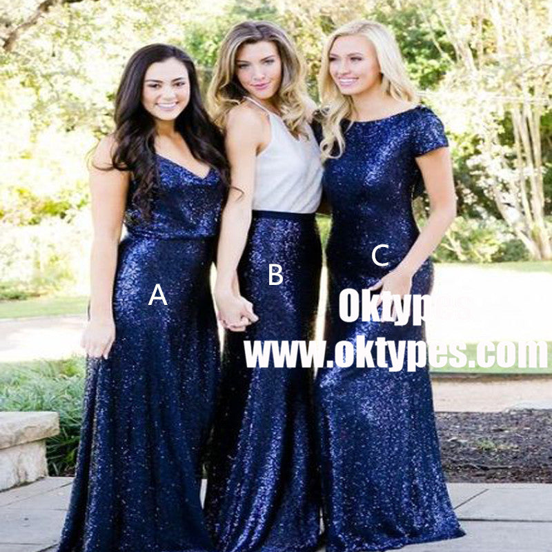 Mismatched Navy Blue Sequined Long Bridesmaid Dresses, TYP0913