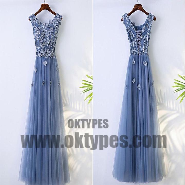 Cute V-Neck Applique Lace Up A-Line Long Tulle Prom Dress, Beautiful Prom Dress, TYP0484