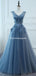V Neck Dusty Blue Lace Beaded Long Evening Prom Dresses, Cheap Custom Party Prom Dresses, PDS0090