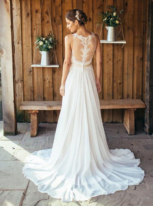Elegant A-Line Round Neck White Chiffon with Lace,Beach Wedding Dresses, TYP1950
