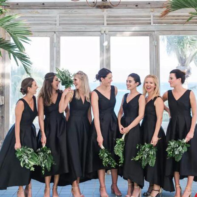 High-Low V-neck Black Satin A-line Long Cheap Bridesmaid Dresses, BDS0 – Oktypes