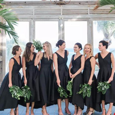 High-Low V-neck Black Satin A-line Long Cheap Bridesmaid Dresses, BDS0080
