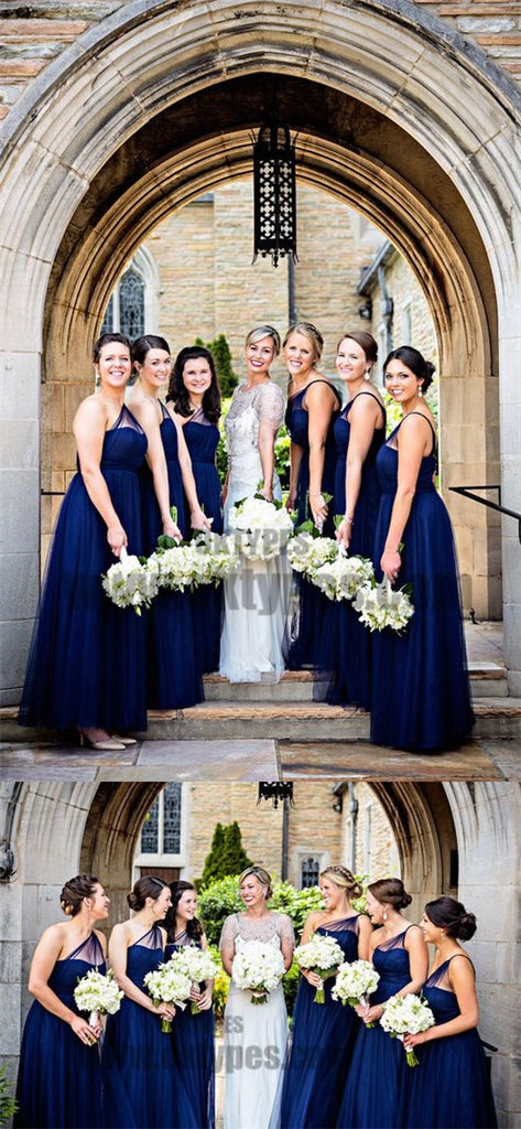 A-Line One-Shoulder Long Royal Blue Tulle Bridesmaid Dresses, Bridesmaid Dresses, TYP0704