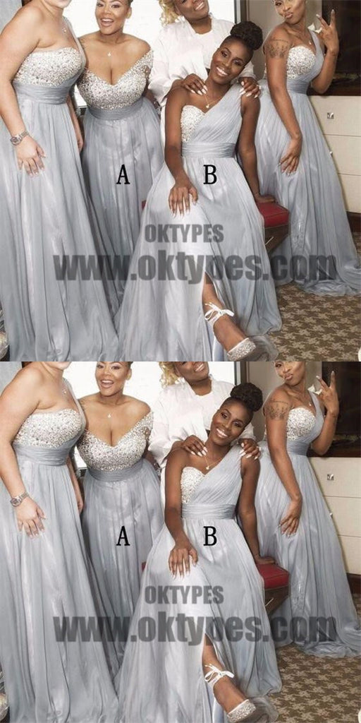 Mismatched Rhinestone Shinny Top Light Grey Long A-line Side Slit Bridesmaid Dresses, TYP0646